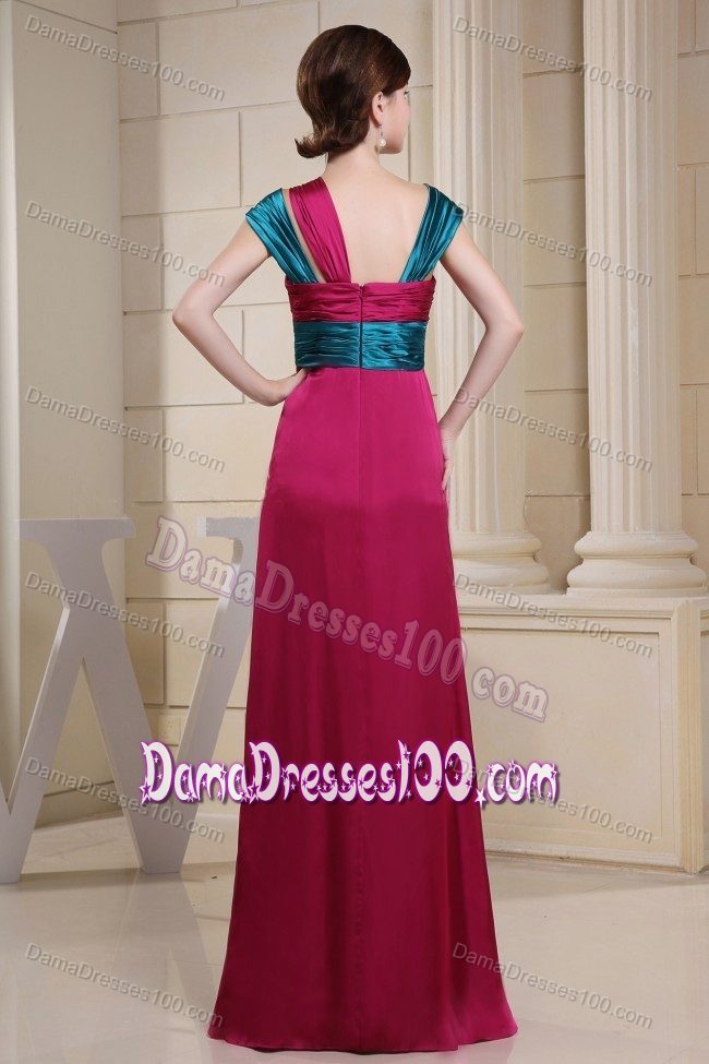 Green and Red Asymmetrical Neckline Dresses For Damas With Ruching