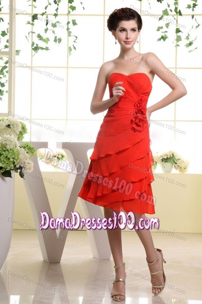 Red Knee-length Layers of Ruffles Damas Dresses For Quince with Cool Back