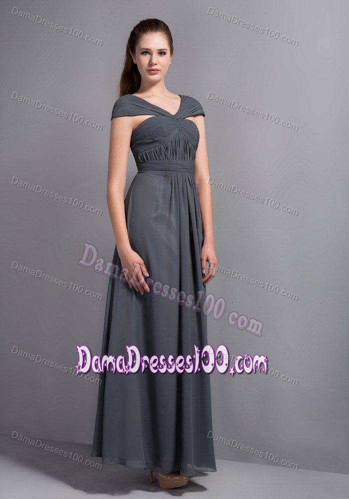 Grey Chiffon V-neck Cap Sleeves Cocktail Dresses For Dama with Cool Back