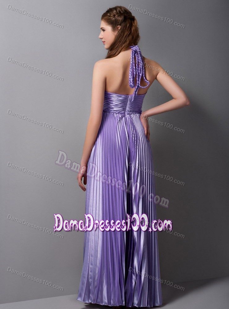Lilac Column Halter Top Pleats Dama Dresses For Quince with Open Back