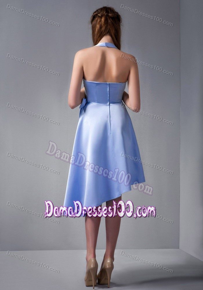 Lilac A-line Halter Asymmetrical Ruched Dama Dress with Bow Tie