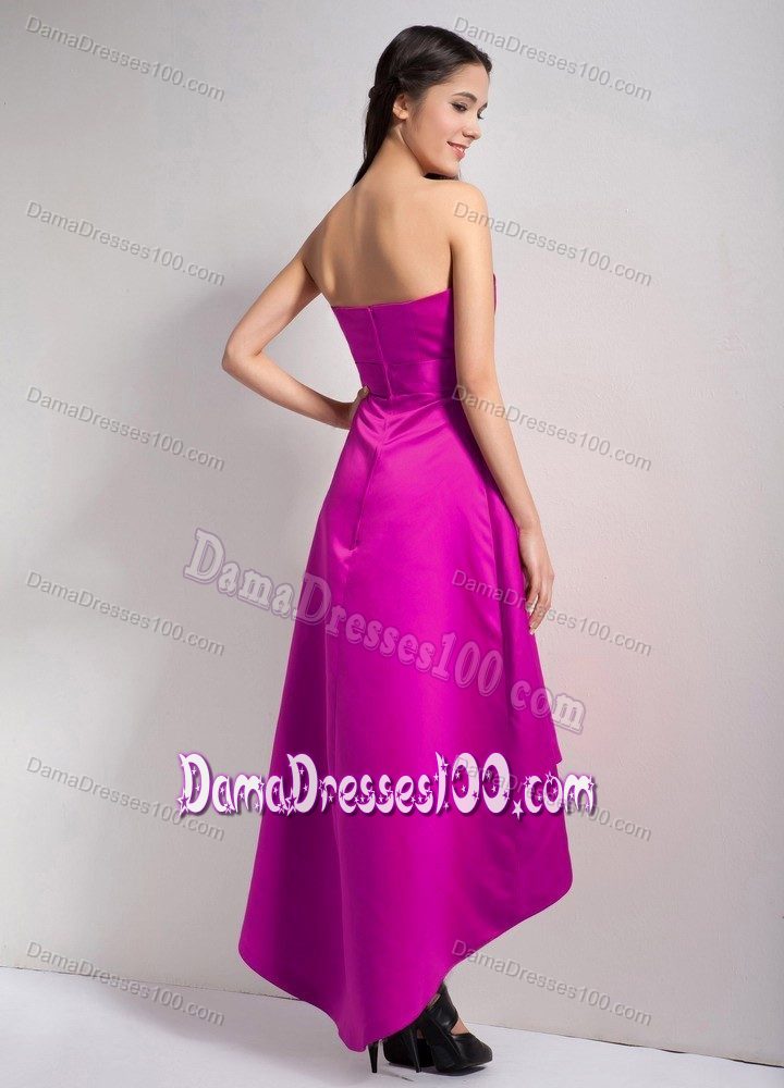 Fuchsia A-line Strapless Front Short Back Long Dama Dress with Appliques