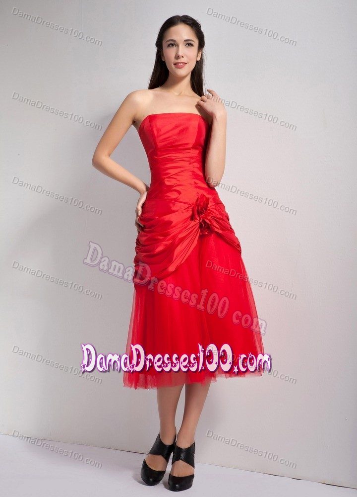 Tea-length Red Quinceanera Dama Dresses with Hand Made Flowers