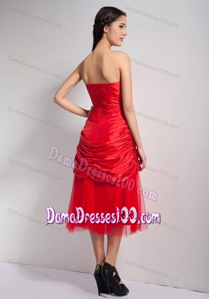 Tea-length Red Quinceanera Dama Dresses with Hand Made Flowers
