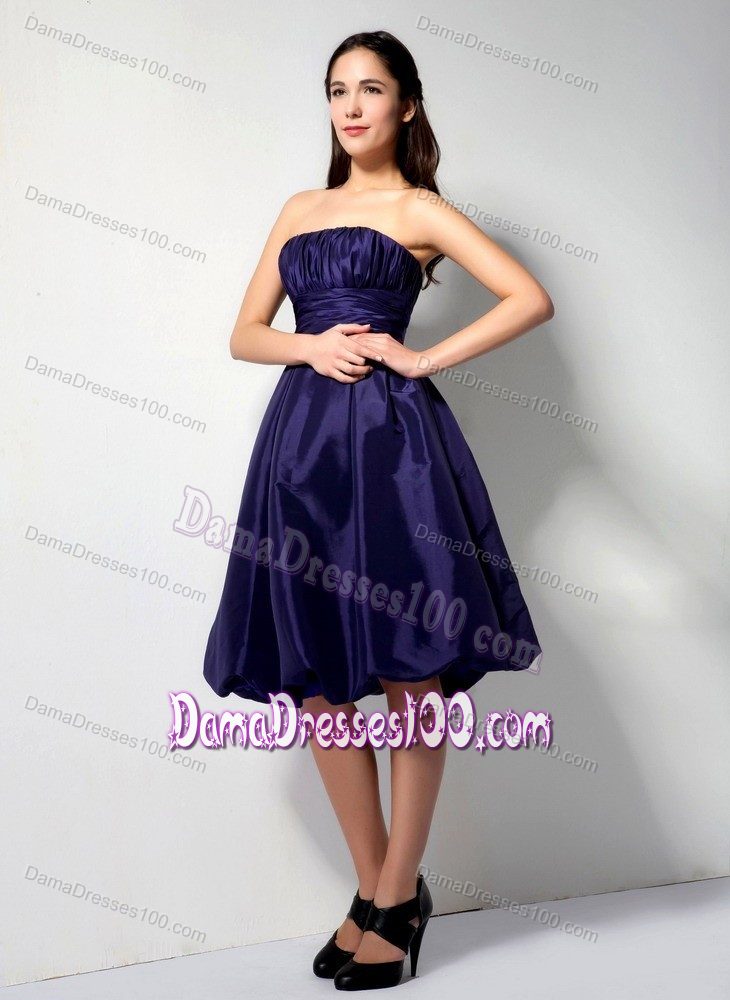 Purple Strapless Knee-length Prom Dresses For Dama with Ruched Bodice