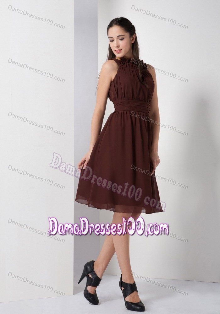 Brown Strapless Knee-length Satin Quince Dama Dresses with Floral Top