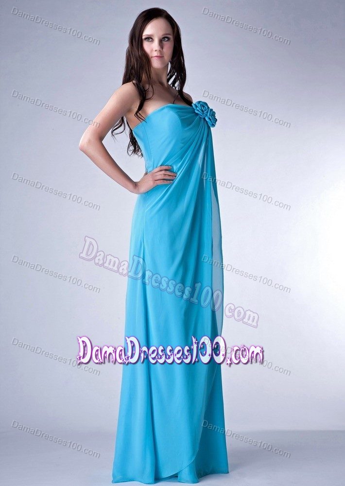 Discount Aqua Blue Strapless Dama Dress with Hand Made Flowers