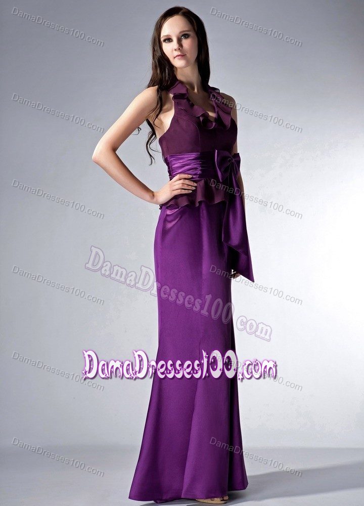 Eggplant Purple Halter Brush Train Quinceanera Damas Dresses with Bow