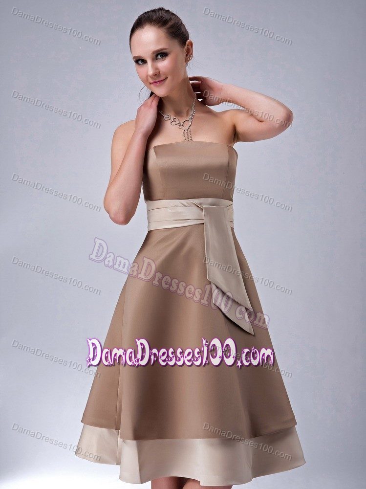 Brown Empire Sash Tea-length 15 Dresses For Damas with Laced up