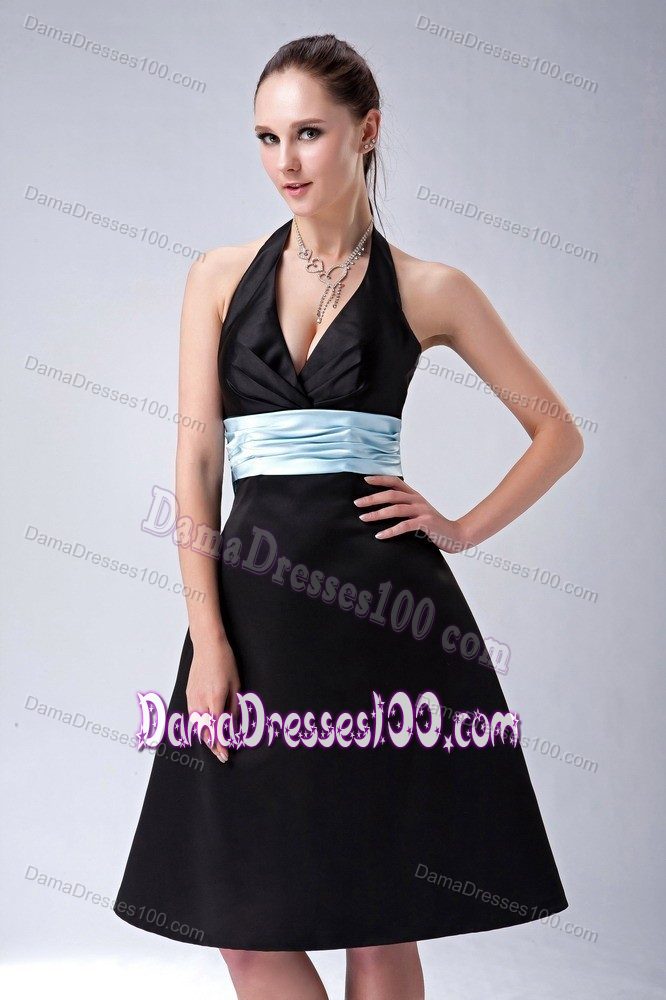 Black Princess Halter Knee-length Satin Cocktail Dresses For Dama with Sash