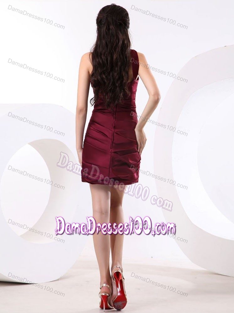 One Shoulder Wine Red Ruching Quinceanera Damas Dresses Knee-length
