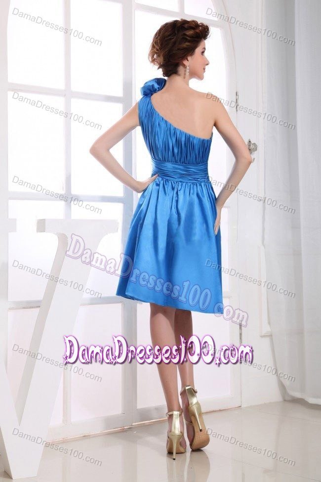 One Shoulder Aqua Blue Knee-length Dama Dresses with Flowers