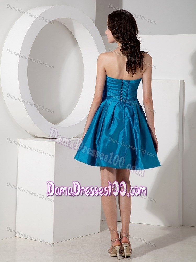 Teal Strapless Mini-length Dresses For Damas with Floral Embellishment