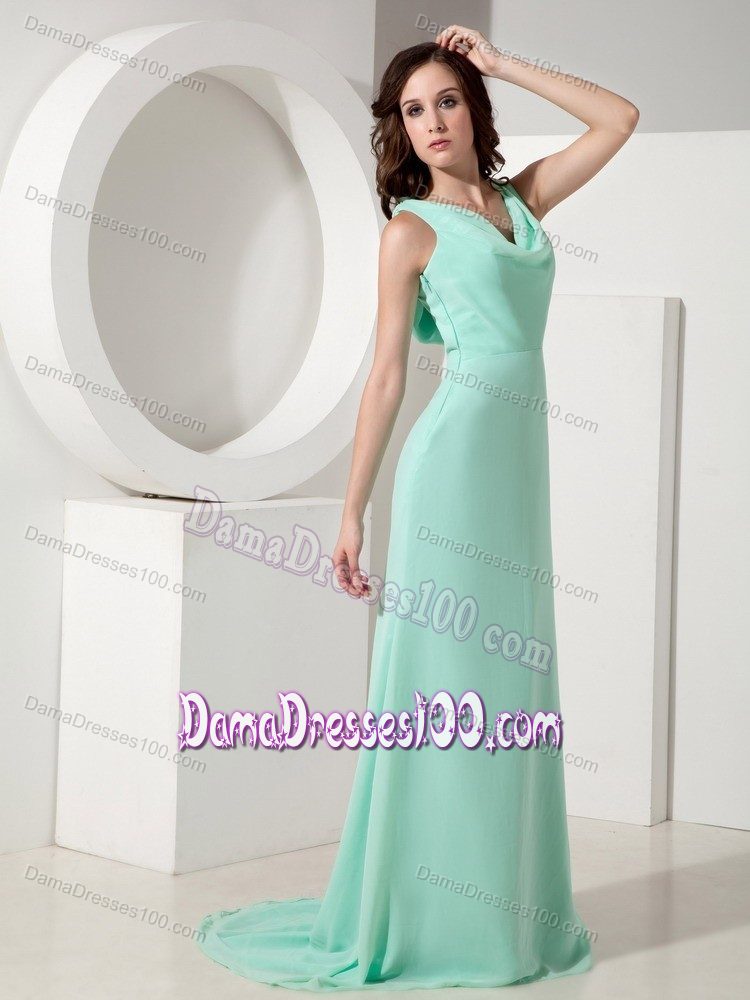 Apple Green V-neck Sweep Train Prom Dress For Dama with Bow at the Back