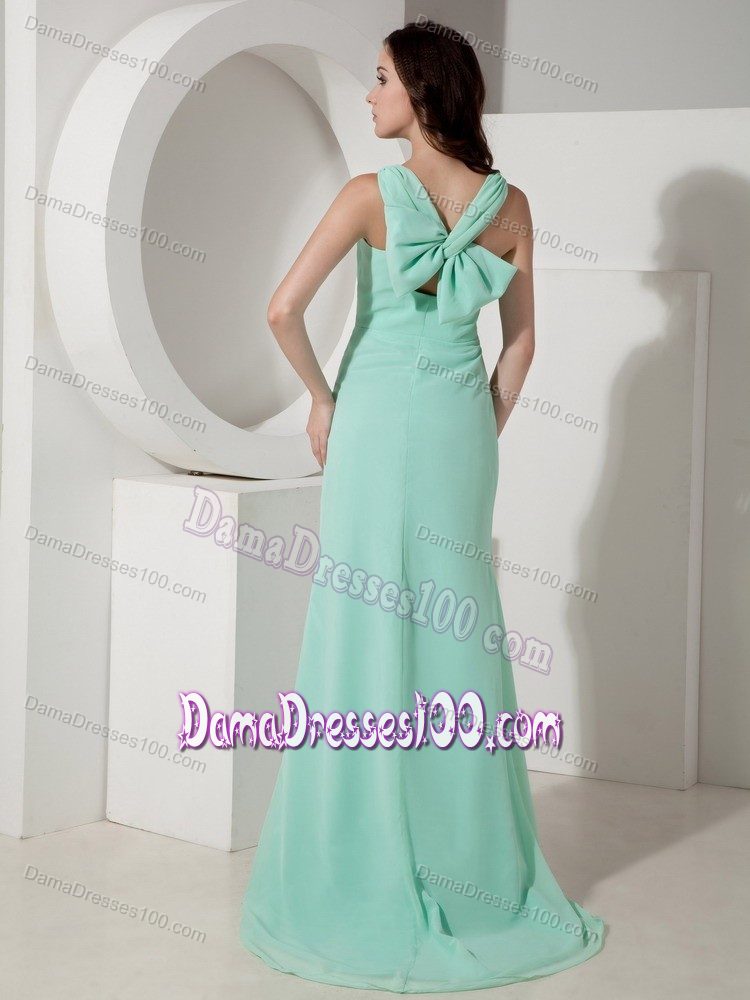Apple Green V-neck Sweep Train Prom Dress For Dama with Bow at the Back