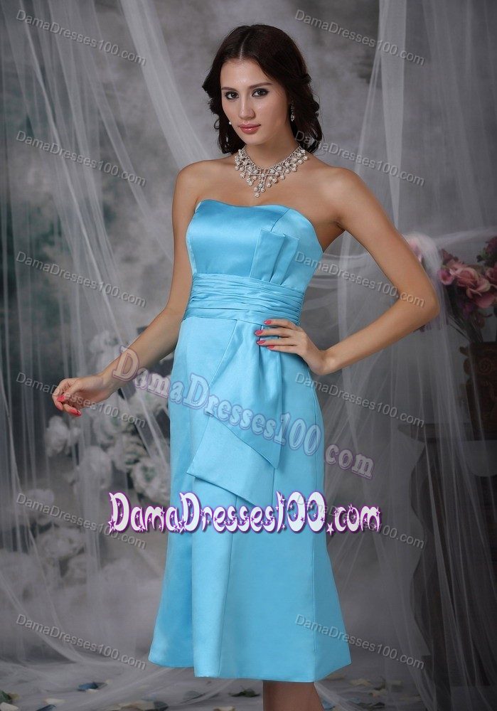 Aqua Blue Strapless Tea-length Bridesmaid Dama Dresses with Ruching