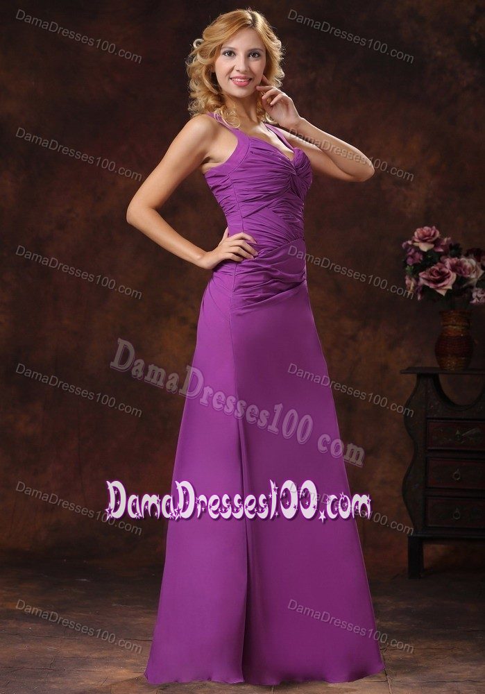 Purple Straps Floor-length 15 Dresses For Damas with Ruched Bodice
