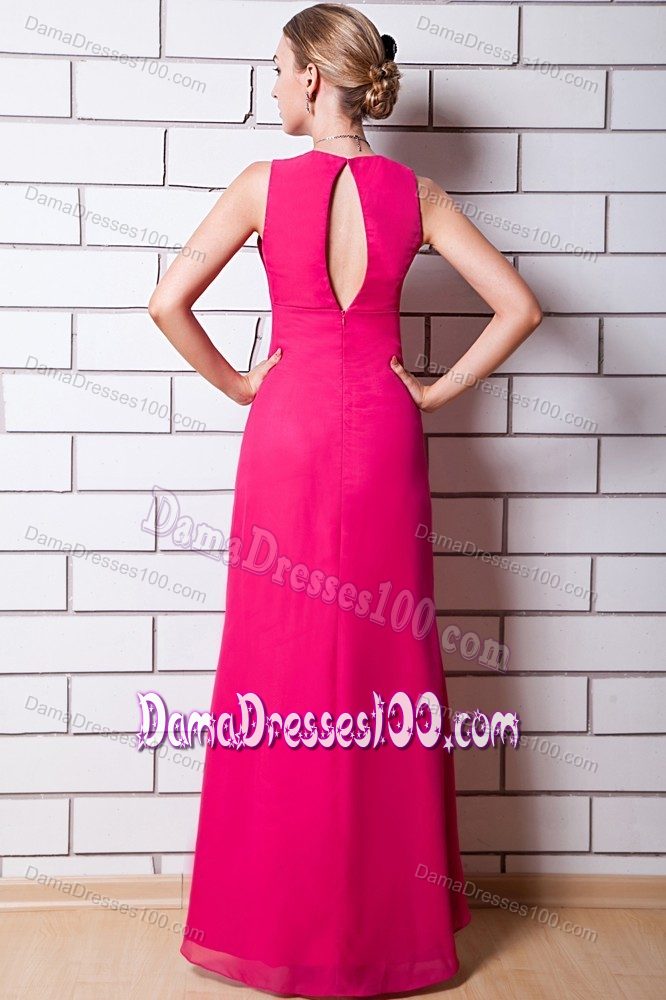 Hot Pink Column V-neck Long Dama Dress for 15 with Cutout Back