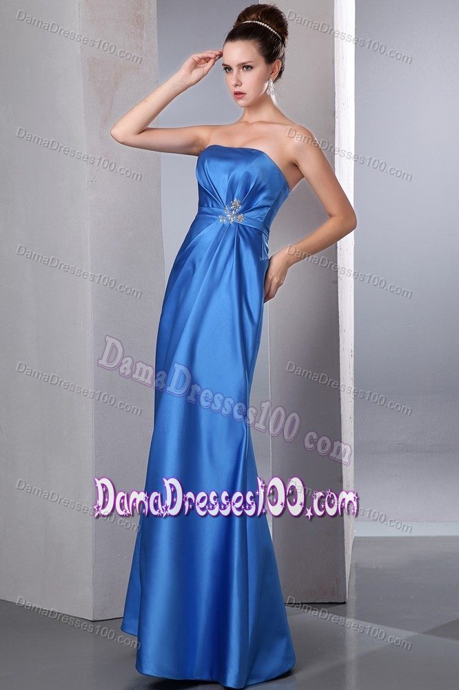 Blue Column Beaded Ankle-length Satin Dama Dresses for Sweet 15
