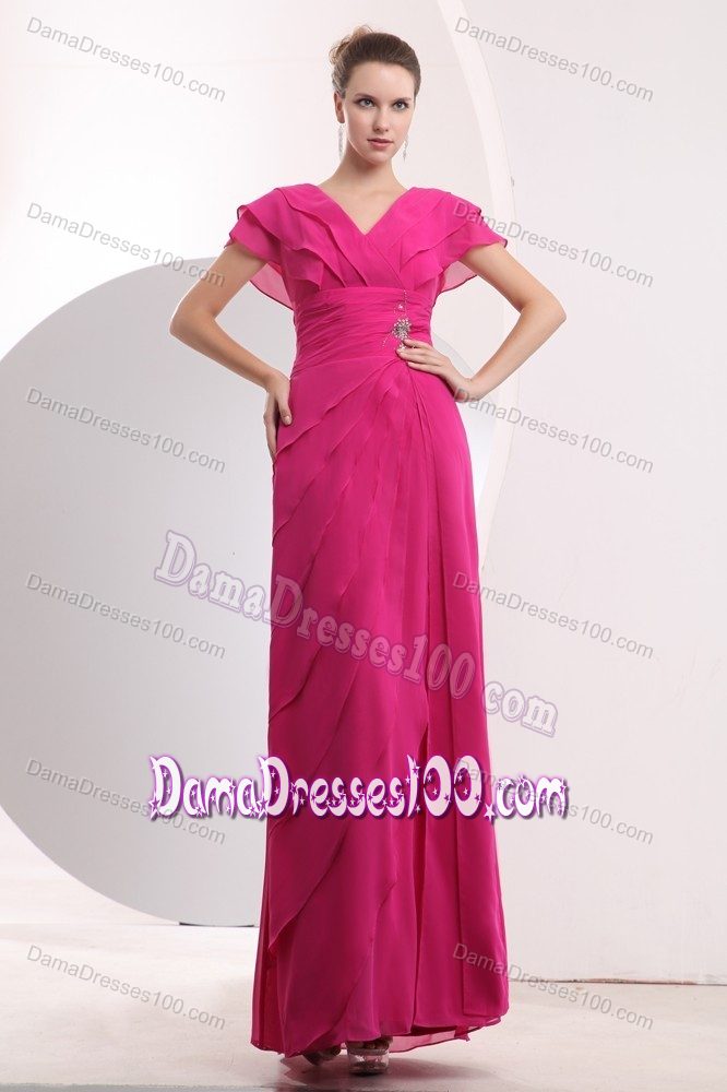 Hot Pink Long Quinceanera Dama Dress with V-neck Short Sleeves