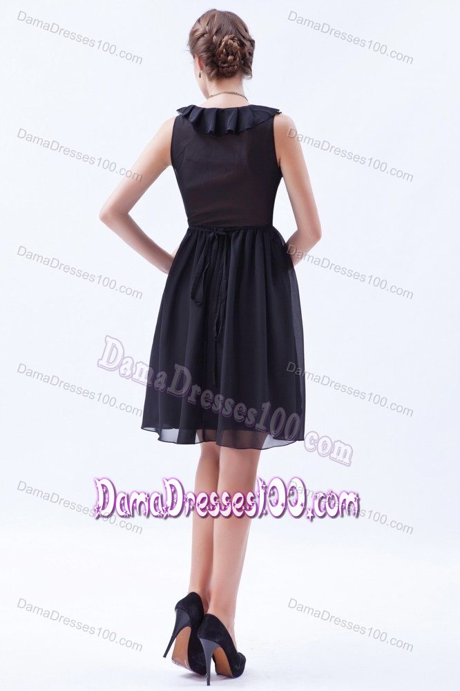 Little Black Chiffon Quinceanera Damas Dress with Ruffled V-neck