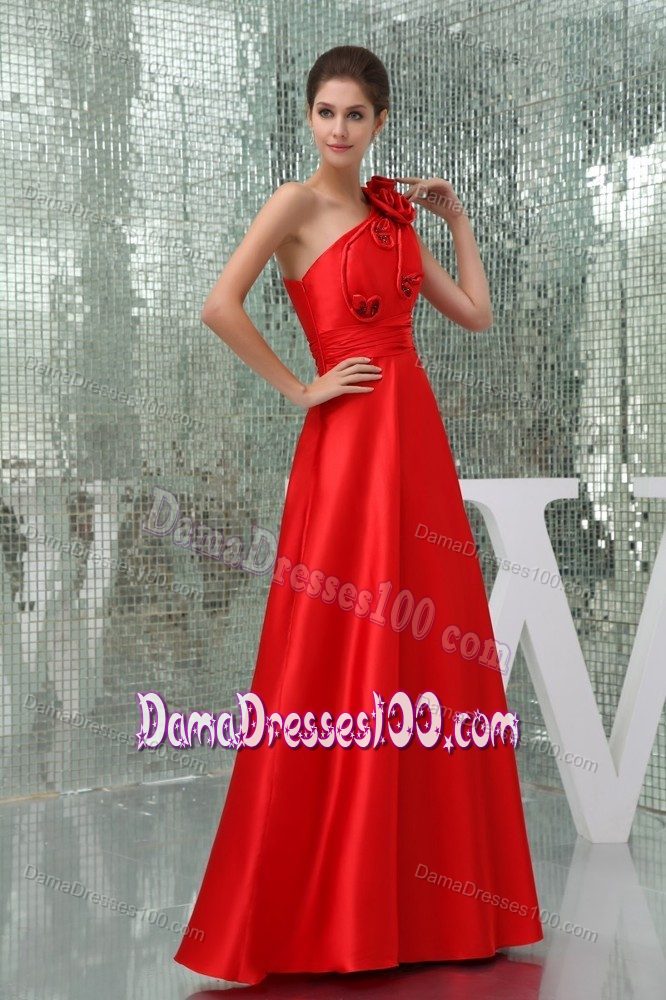 Floor-length One Shoulder Red Formal Damas Dress with Flowers
