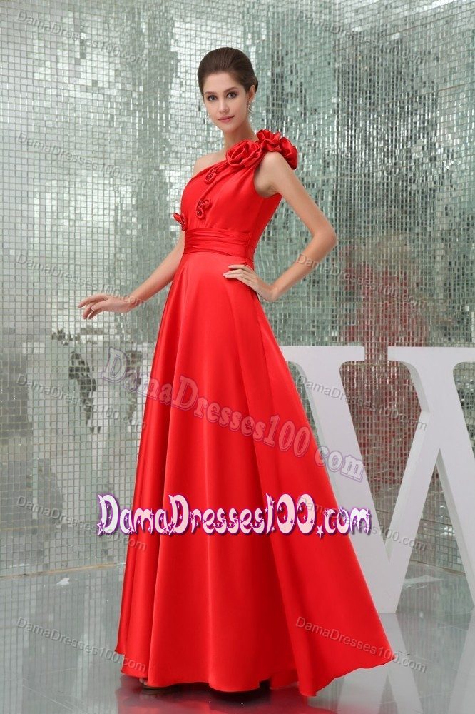 Floor-length One Shoulder Red Formal Damas Dress with Flowers