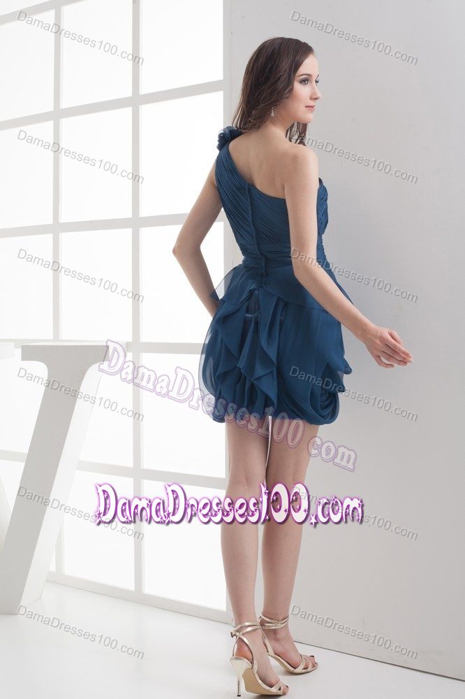 Pretty One Shoulder Draped Short Teal Dama Dress with Flower
