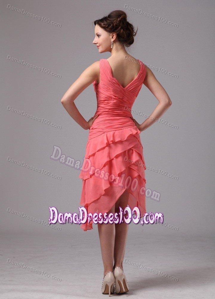 Asymmetrical Hem Ruffled Watermelon Red 15 Dress for Damas