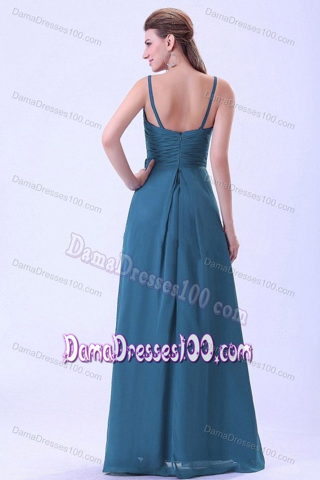 Spaghetti Straps Ruched Long Teal Damas Dresses with Flowers
