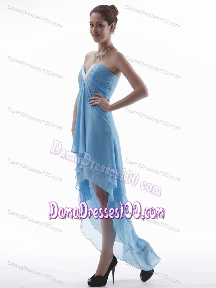 Cheap Light Blue High-low Chiffon Dama Dresses for Quinceanera