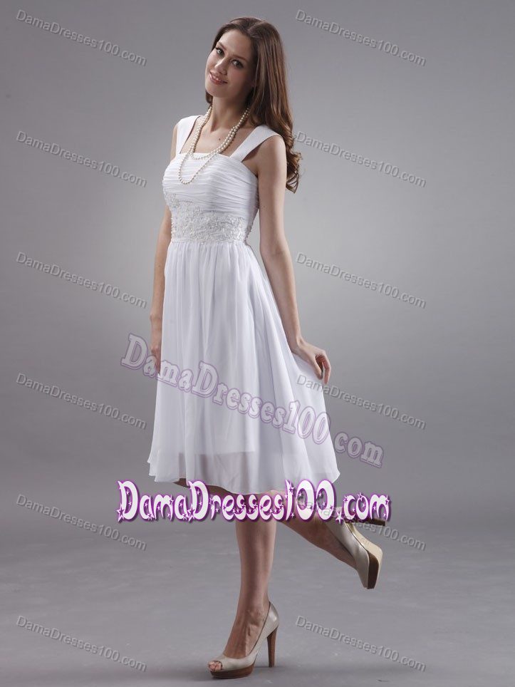 High Quality Square Neck White Short Dama Dress with Appliques