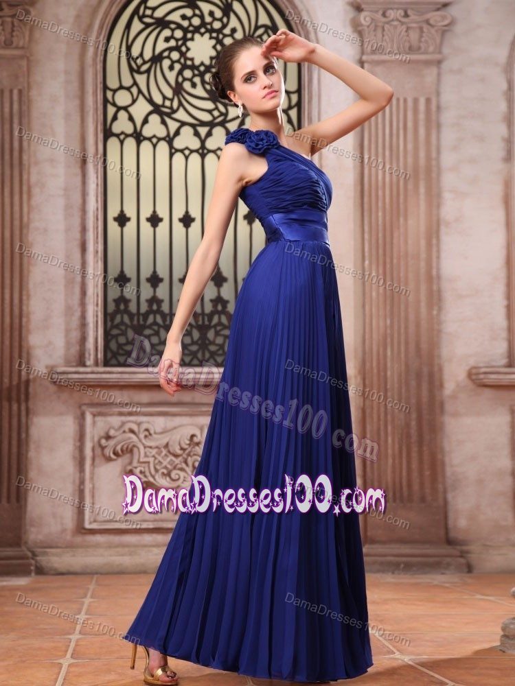 One Shoulder Flowers Pleated Royal Blue Long Dama Dresses