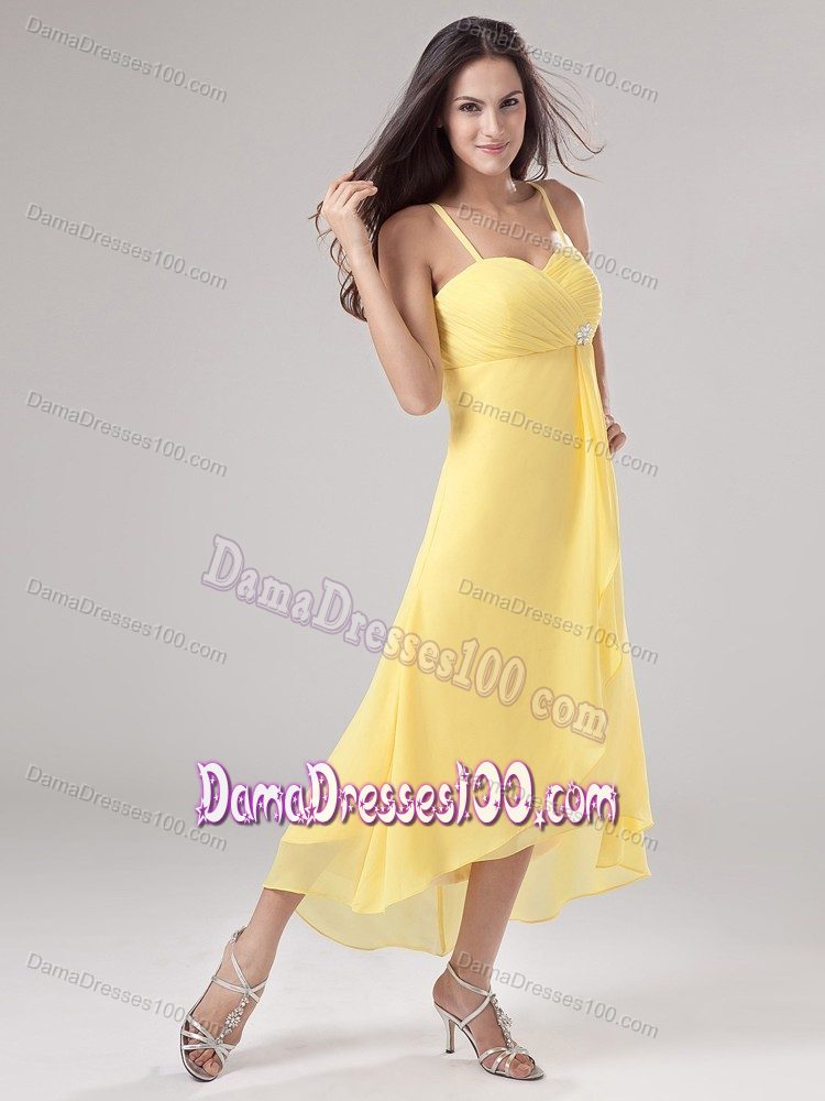 low Price Chiffon Spaghetti Straps High-low Yellow Dama Dress
