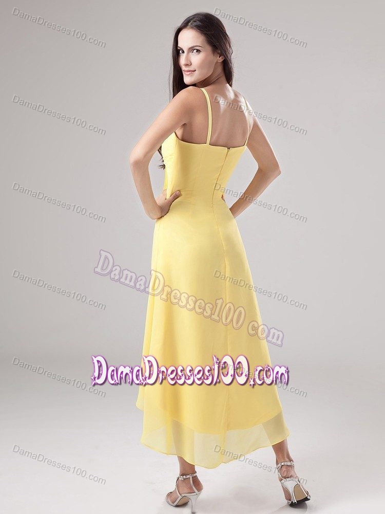 low Price Chiffon Spaghetti Straps High-low Yellow Dama Dress