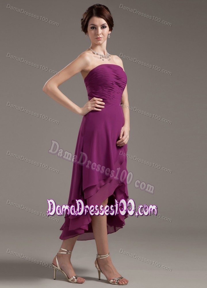 Chiffon High-low Ruched Purple Dama Dress for Quinceaneras