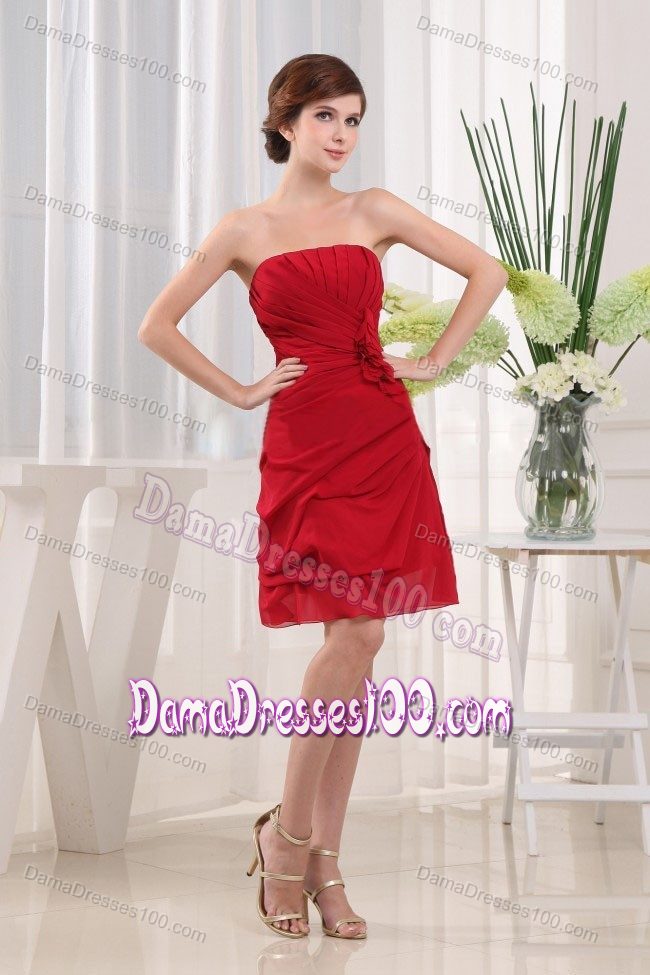 Hot Sale Strapless Ruched Red Short Dama Dresses with Flowers