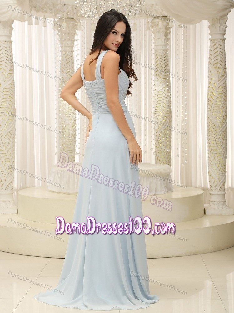 Brush Train Straps Ruched Baby Blue Quinceanera Damas Dresses