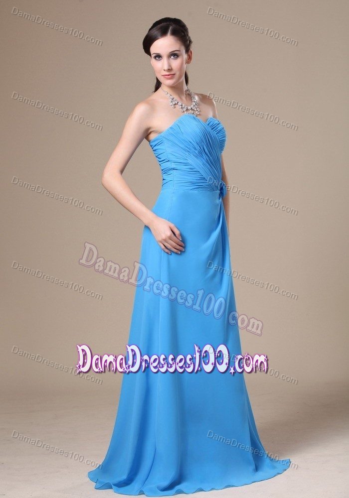 Brush Train Slitted Teal Party Dama Dresses with Ruche and Flower