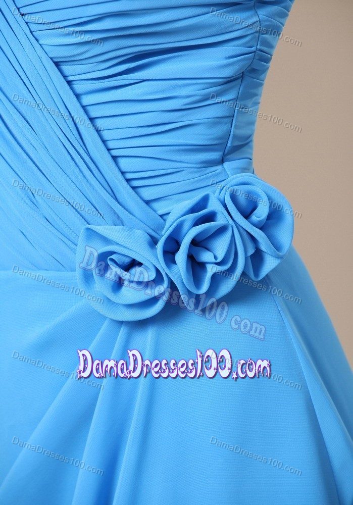 Brush Train Slitted Teal Party Dama Dresses with Ruche and Flower