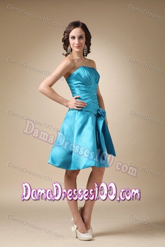 Strapless Ruched Teal Short 15 Dresses for Damas with Flower