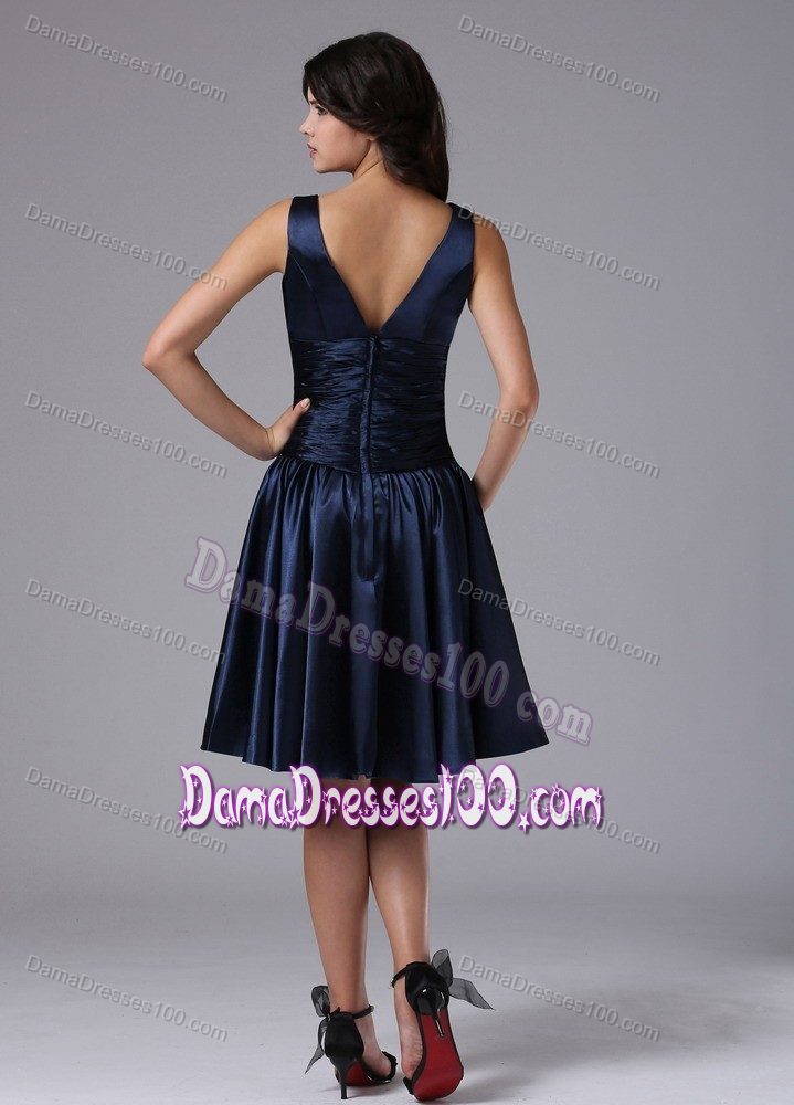 Taffeta V-neck Knee-length Quince Dama Dresses in Navy Blue