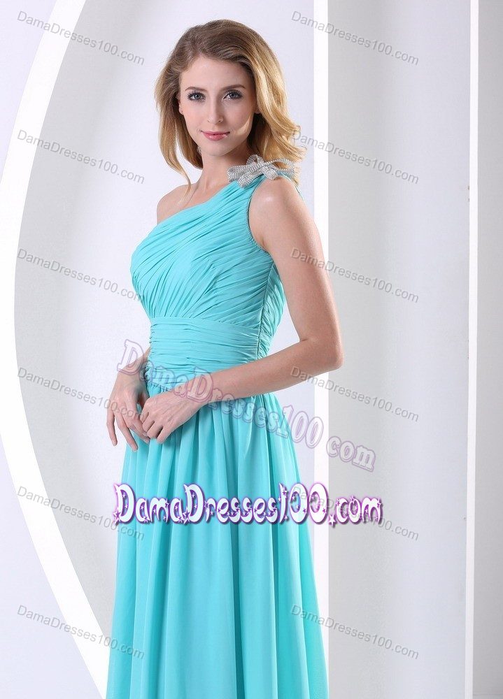 Side Zipper Ruched Aqua Blue Formal Dama Dress One Shoulder