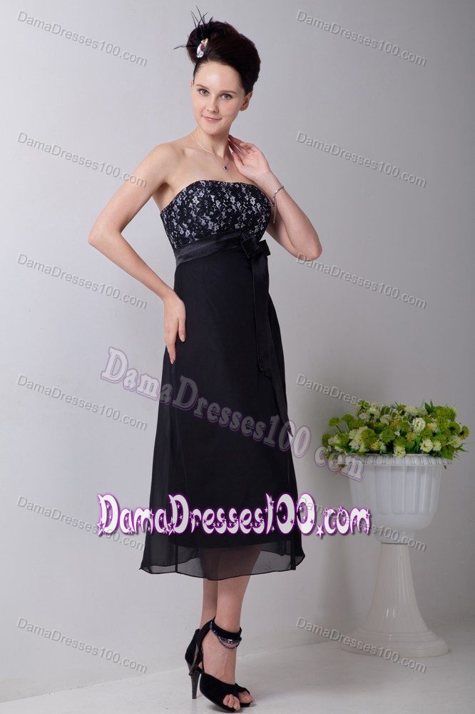 Tea-length Strapless Black Prom Dresses for Dama Under 100