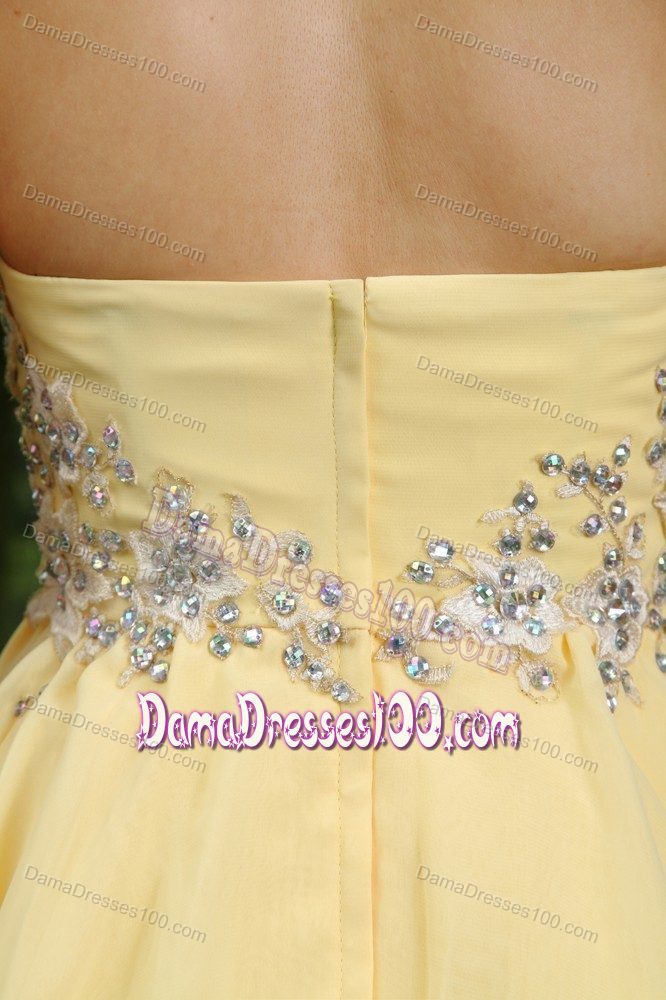 Zipper-up Halter Appliqued Yellow Mini Damas Dress for Quince