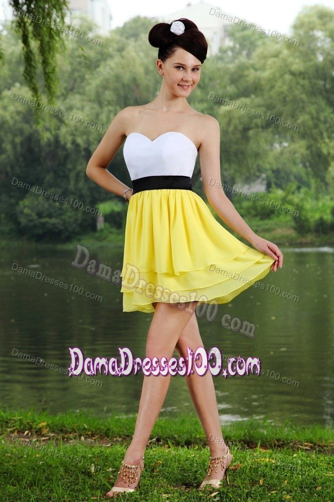 Lovely White And Yellow Chiffon Short Quince Dama Dress Online