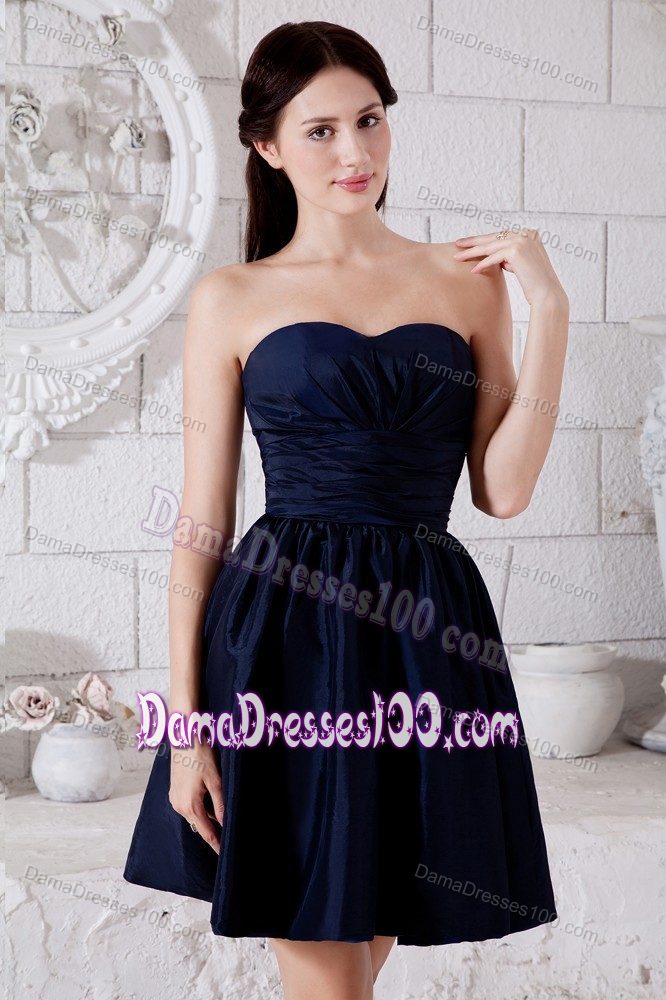 Mini-length Taffeta Ruched Damas Dress for Quince in Navy Blue