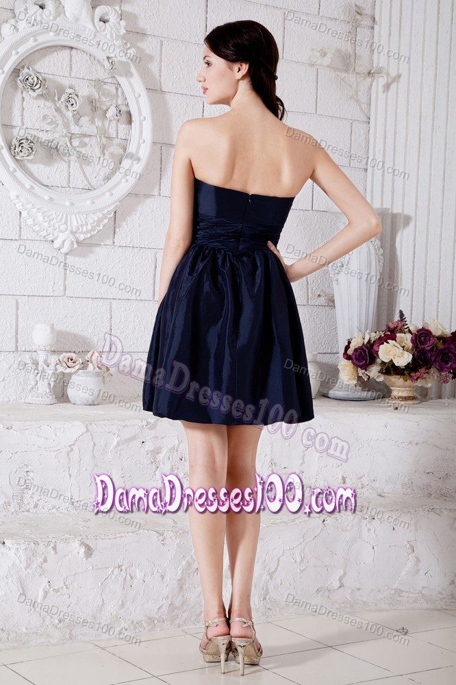 Mini-length Taffeta Ruched Damas Dress for Quince in Navy Blue