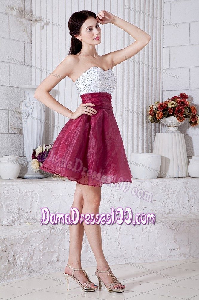 White And Burgundy Short Organza Quince Dama Dress with Beads