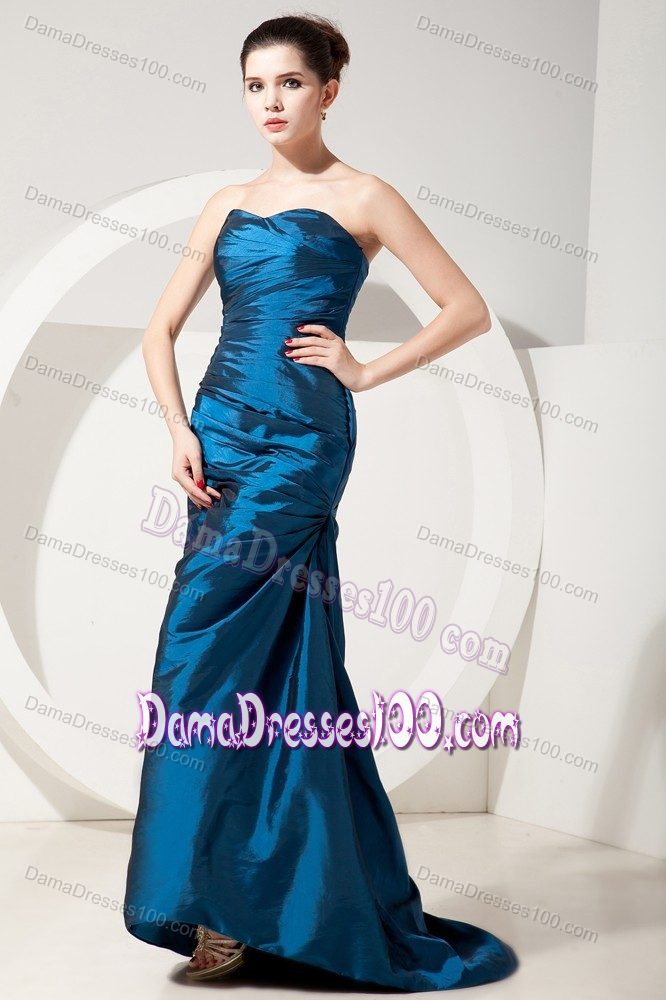 High Quality Taffeta Lace-up Ruched Blue Formal Dress for Damas